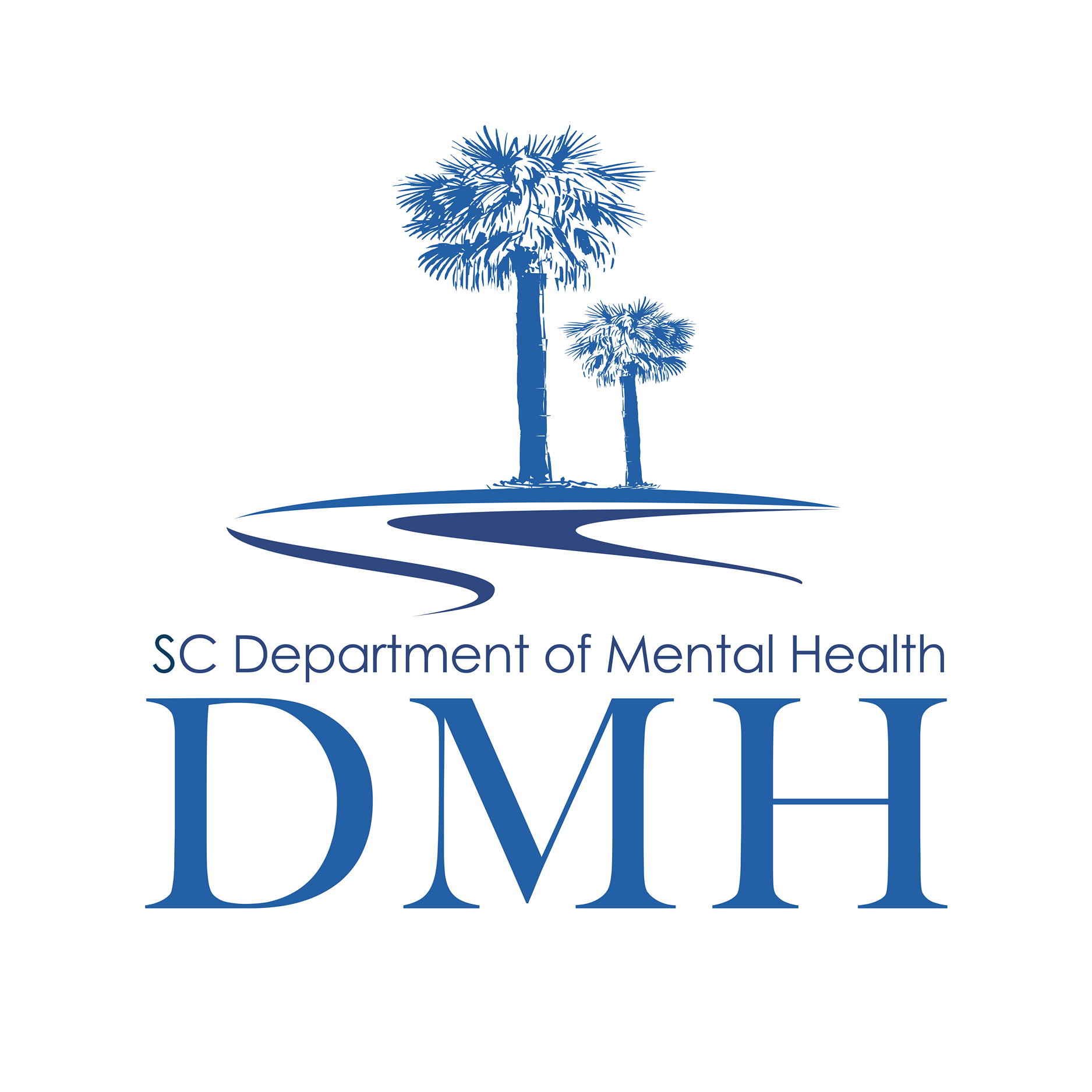 On a white field, two blue palm trees over the words SC Department of Mental Health DMH