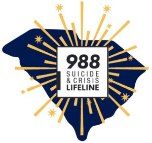 A graphic of the state of South Carolina in navy with a gold star burst over all. In the center is the 988 Suicide & Crisis Lifeline logo.